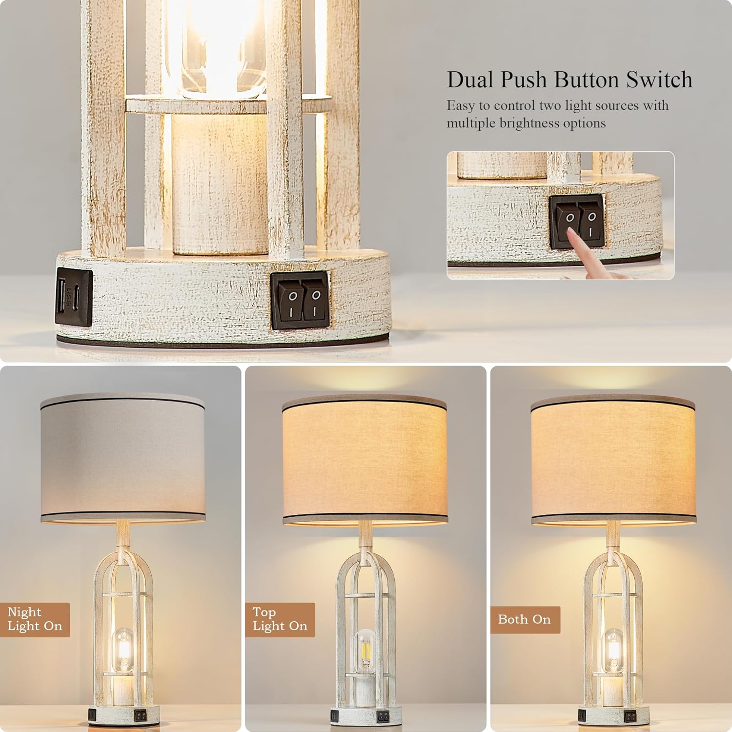 farmhouse table lamps for living room set of 2 - rustic industrial lamps for night stands with night light & usb a+c, 24" vintage bedside lamp for bedroom, bulbs included antique white