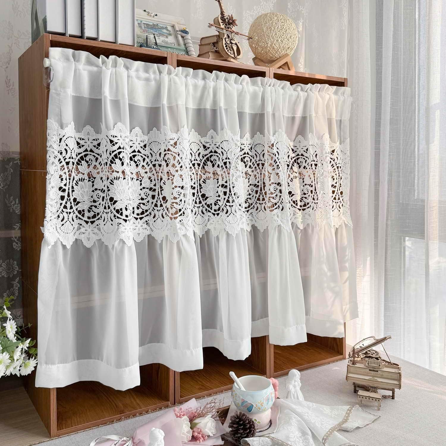 1 Panel White Floral Embroidery Sheer Lace Curtain Valance for Kitchen