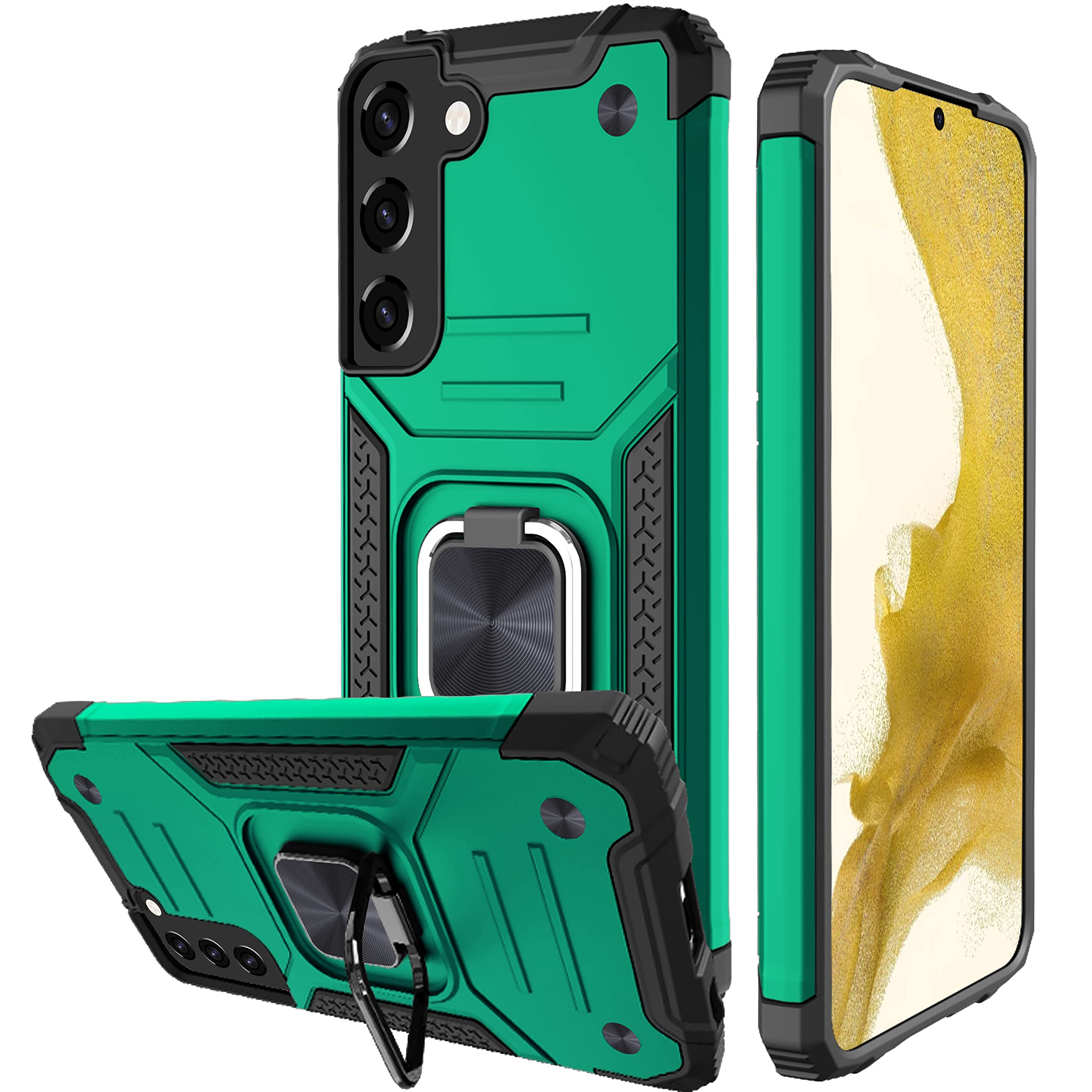 Honeyview ShockProof Case for Samsung Galaxy S22 Plus with Screen Protector and Ring Kickstand, Compatible with Magnetic Car Mount Holder, Armour Phone Cover for Samsung Galaxy S22 Plus - Dark Green