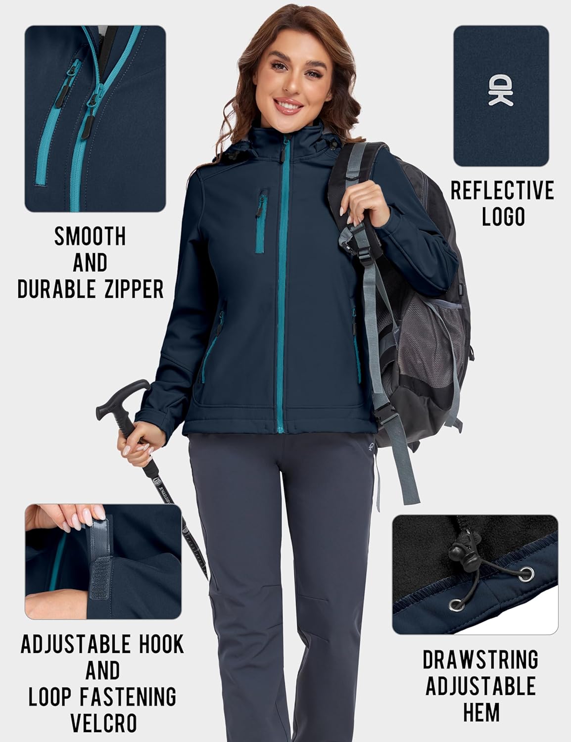 Little Donkey Andy Women’s Softshell Jacket, Ski Snowboarding Jacket with Removable Hood, Fleece Lined - Image 4