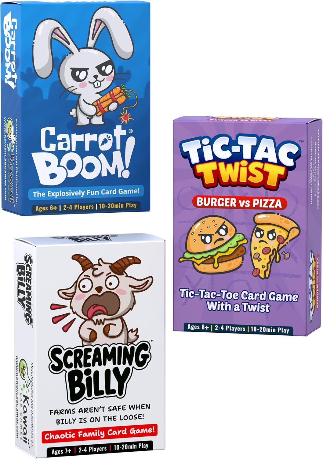 KAWAII LAB GAMES 3-Game Bundle: Carrot Boom + Screaming Billy + Tic-Tac Twist Burger vs Pizza, Easy-to-Learn Family Card Game Bundle for Game Night, 2–4 Players, Ages 8+, 10–20 Min
