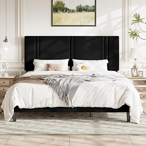 Miniatura 21 de Allewie Base de cama de plataforma Queen con cabecera ajustable, tapizado de terciopelo de felpa, canal vertical acolchonado, listones de madera