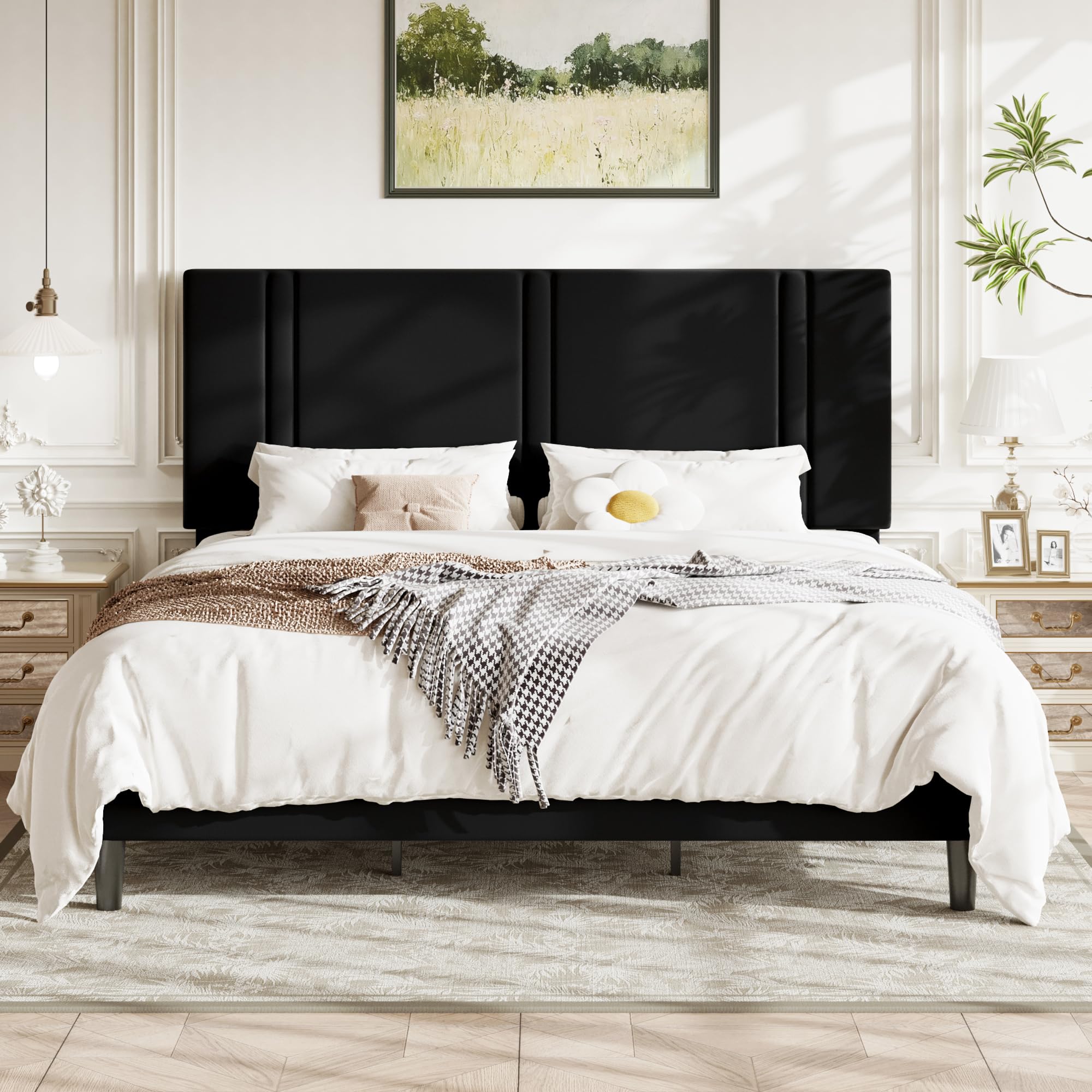 Allewie King Size Platform Bed Frame with Adjustable Headboard Plush Velvet Upholstered Vertical Channel Tufted Sturdy Wooden Slats
