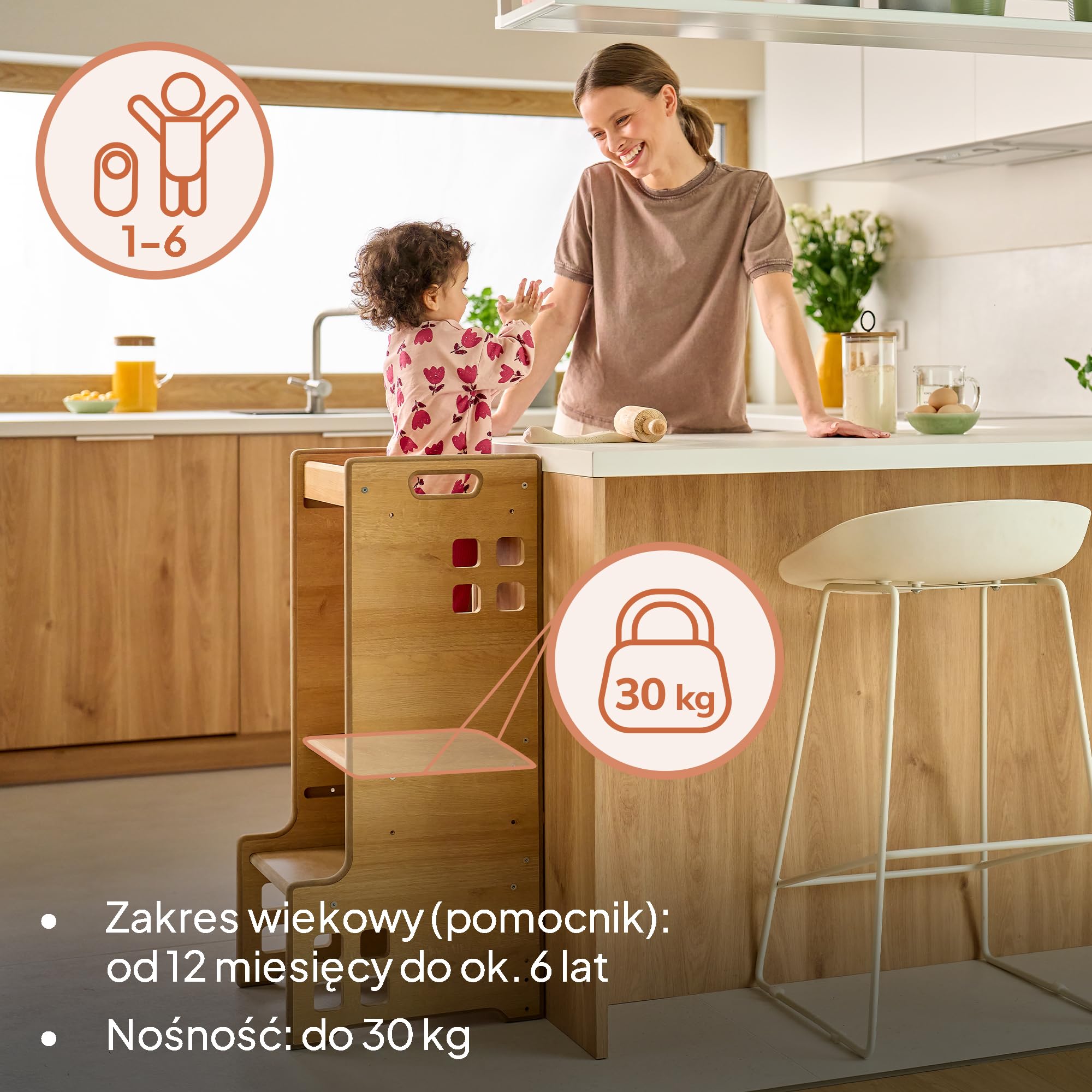 LIONELO CASS Kitchen Helper 2w1 Wieża Edukacyjna Montessori Od 1 Roku Regulacja Wysokości Barierka Ochronna Stabilny Stołek Do Kuchni Pólka na Książki Biblioteczka Do 30 Kg
