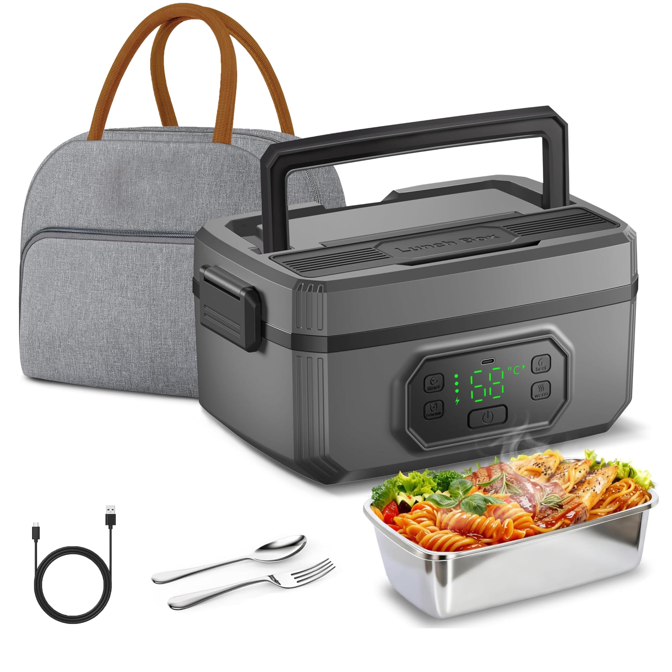 Electric Lunch Box for Adults 1 6L Cordless Lonchera Electrica - 24000mAh Type-C Rechargeable No Water Needed for