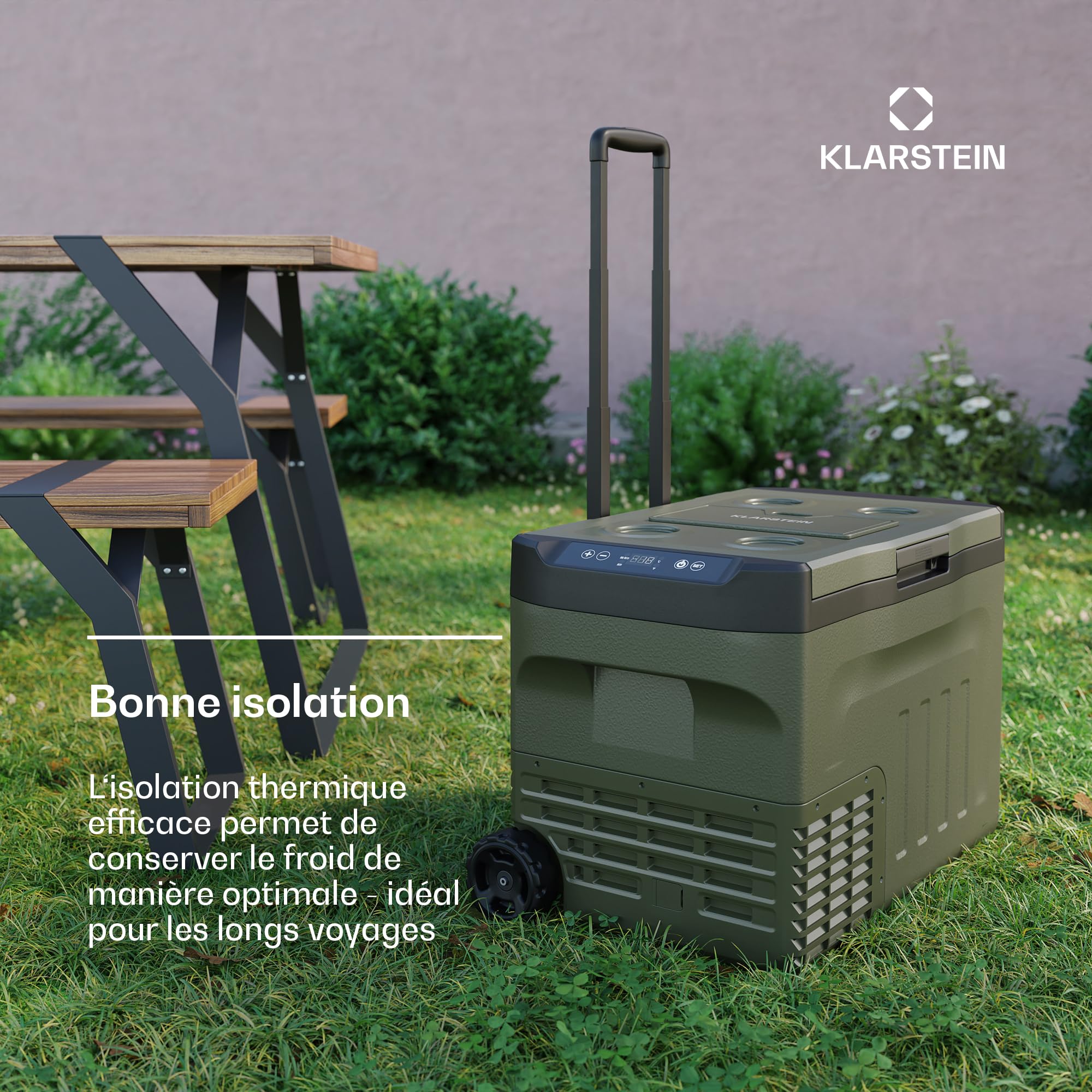 KLARSTEIN PolarForce 30L Glacière - Glacière électrique à Compression, LCD, -20°C à 20°C, Roues Tout-Terrain, poignées Doubles, Mode ECO, Protection Batterie, Vert, congélateur
