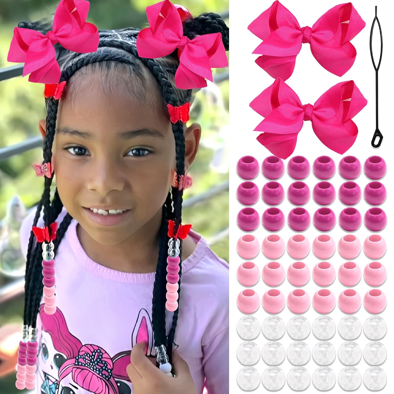 NAISKA 62PCS Valentine's Day Hair Beads 4.7in Hair Bow Clips Large Hole Girls Braids Beads Valentines Hair Jewelry Lovely Rose Red Pink Hair Accessories Kit for Kids Girls