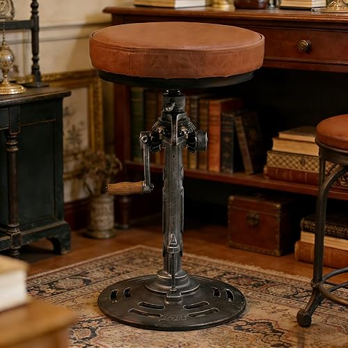 Miniatura 7 de LOKKHAN Taburete de bar industrial vintage estilo steampunk americano, estilo retro, base de hierro fundido giratoria, parte superior de cuero Base