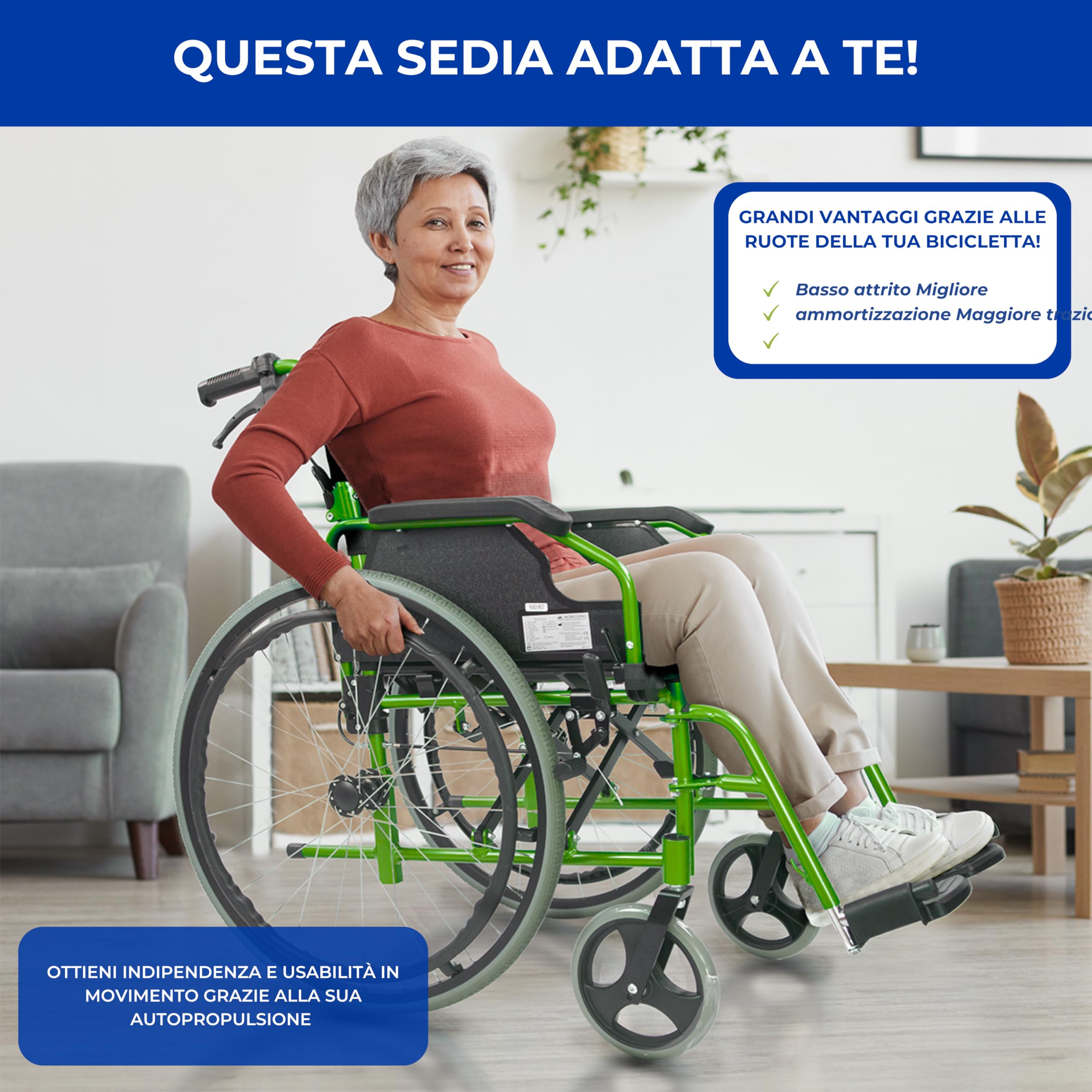 Mobiclinic®, Sedia a rotelle pieghevole, Bolonia, Alluminio, Braccioli pieghevoli, Poggiapiedi rimovibili, Schienale diviso, Per anziani, Leggera, Max. 110 kg, Seduta 46 cm, Colore verde