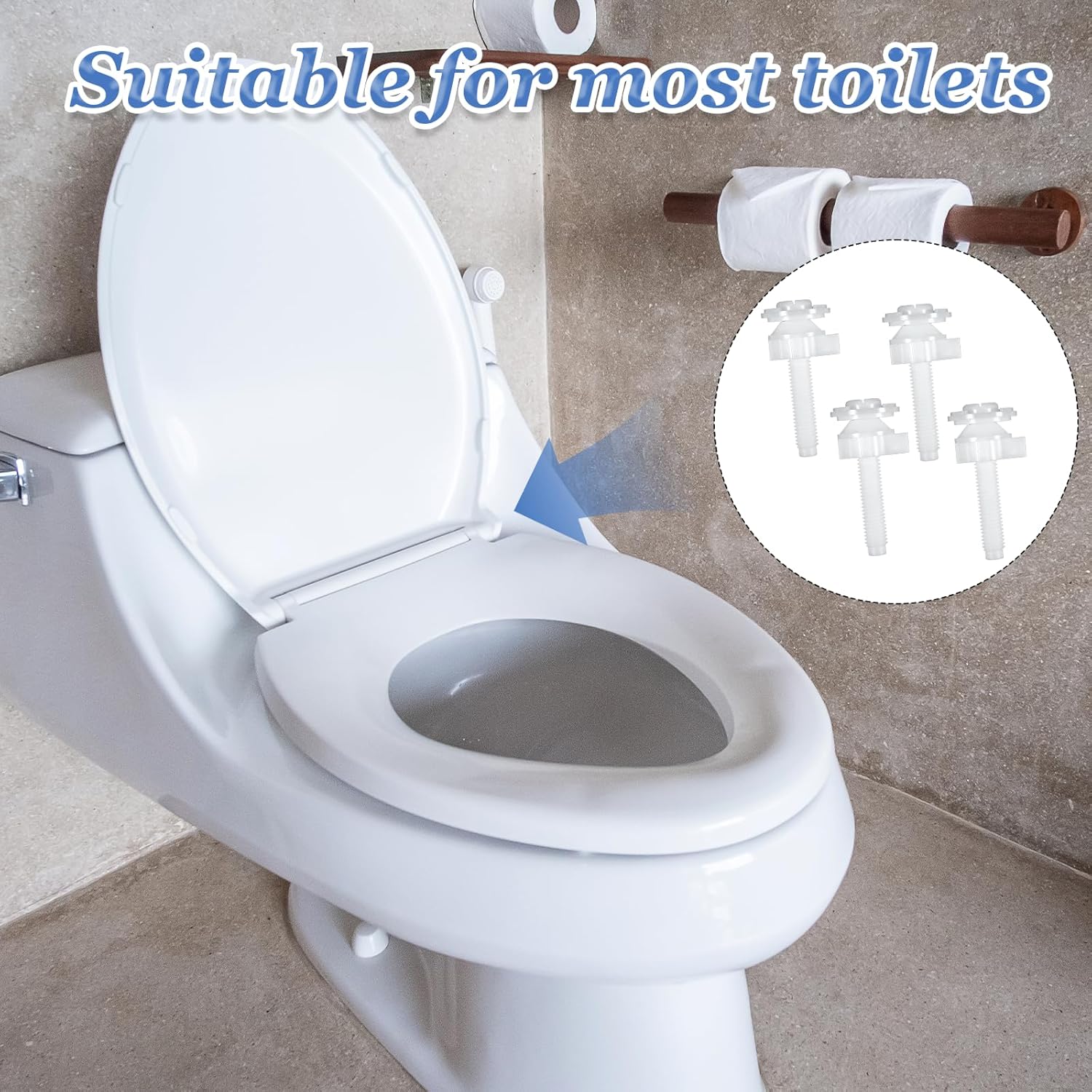 4Pcs Universal Plastic Toilet Seat Screws Replacement Kit Bolts Hinge Bolt Screws with Plastic Nuts and Washers Parts for Fixing the top Toilet Seat, White