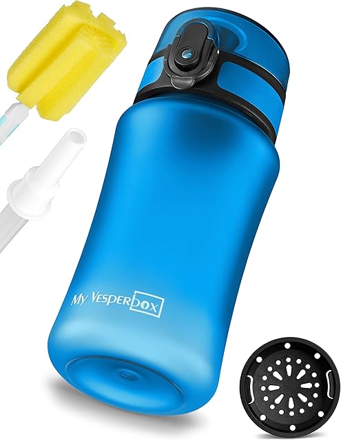My Vesperbox Minny butelka na napoje dla dzieci, szczelna, ze słomką lub sitkiem, 350 ml, 500 ml, 750 ml, lekka butelka na wodę z tritanu, bez BPA, do przedszkola, szkoły (niebieska, 350 ml)