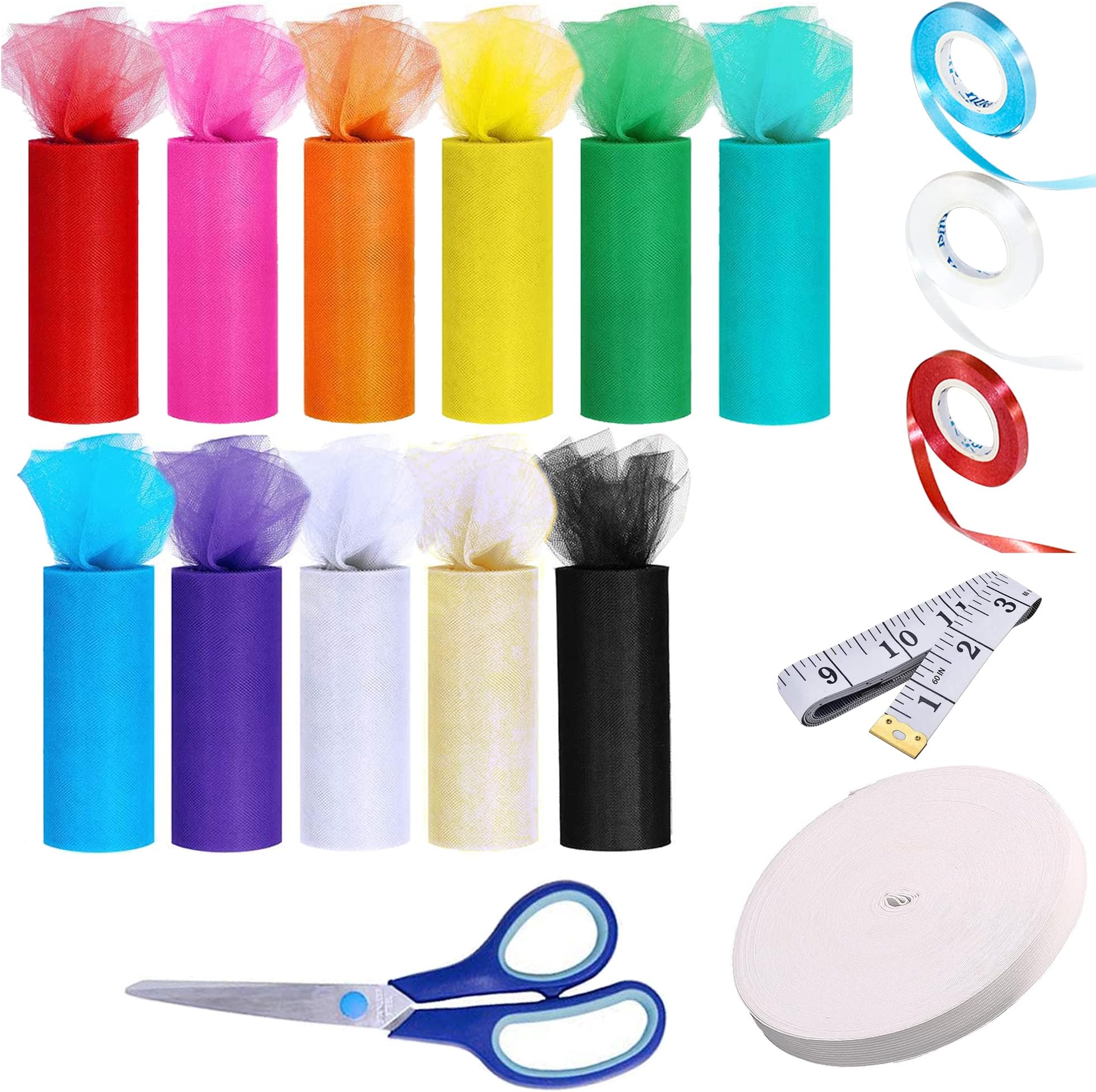 โ 17 PCS Rainbow Glitter Tulle, 11 Color Tulle Fabric Ribbons Rolls 6 Inch x 25 Yard, Elastic Band, Sewing Scissor, Measuring Tape for Table Chair Bow Skirt Sewing Crafting Party Decor