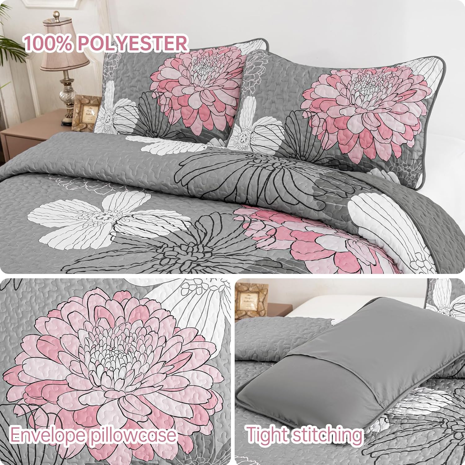 Anibedding 3Pieces Floral Printed Quilts Queen Size, Pink Boho Lightweight Queen Size Bedspread Set with 2 Pillowcases for Bedroom All Season - Image 5
