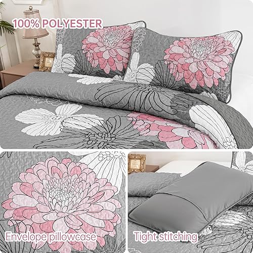 Miniatura 5 de Anibedding Juego de colcha de 3 piezas con estampado floral, tamaño Queen, color rosa, bohemio, ligero, tamaño Queen con 2 fundas de almohada para