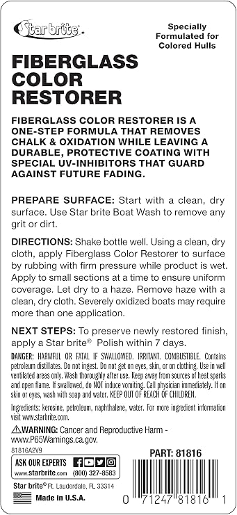 STAR BRITE Fiberglass Color Restorer - Specially Formulated for Colored Boat Hulls - Renew, Shine & Protect -16 OZ (081816PW)