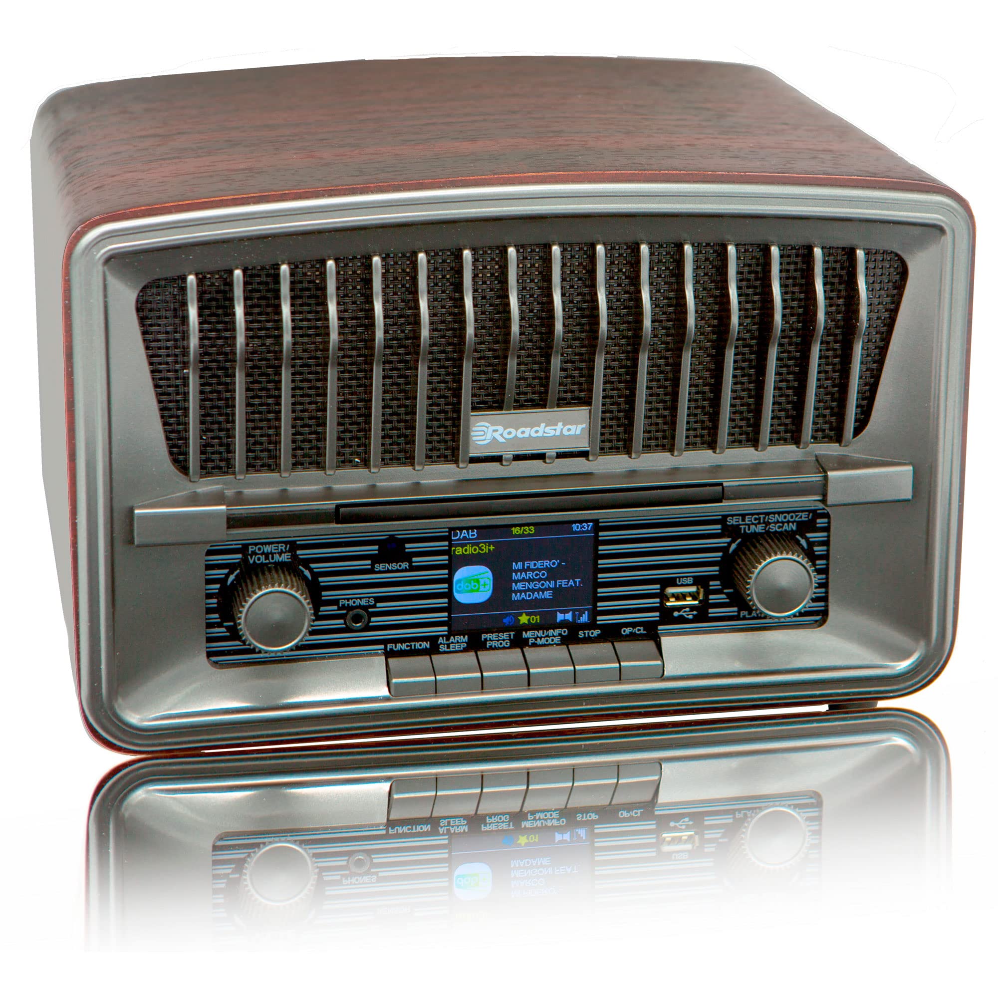 Roadstar HRA-270CD+BT Radio CD Portable Numérique Vintage Dab/Dab+/FM, Lecteur CD-MP3, Bluetooth, USB, Stéréo, AUX-in, Écran LCD, Télécommande, Connexion pour Casque, Alarme, Bois