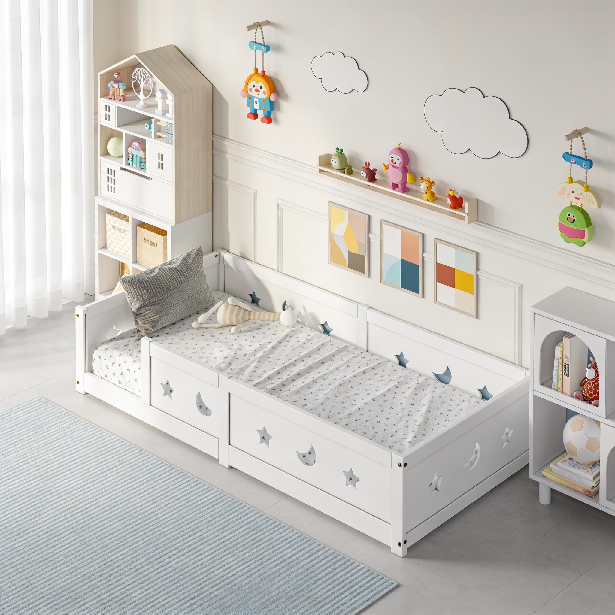 Letto per bambini 90 x 200 cm, letto Montessori con protezione anti-caduta e rete a doghe massiccia, per bambini, in legno di pino (bianco B, 90 x 200 cm)
