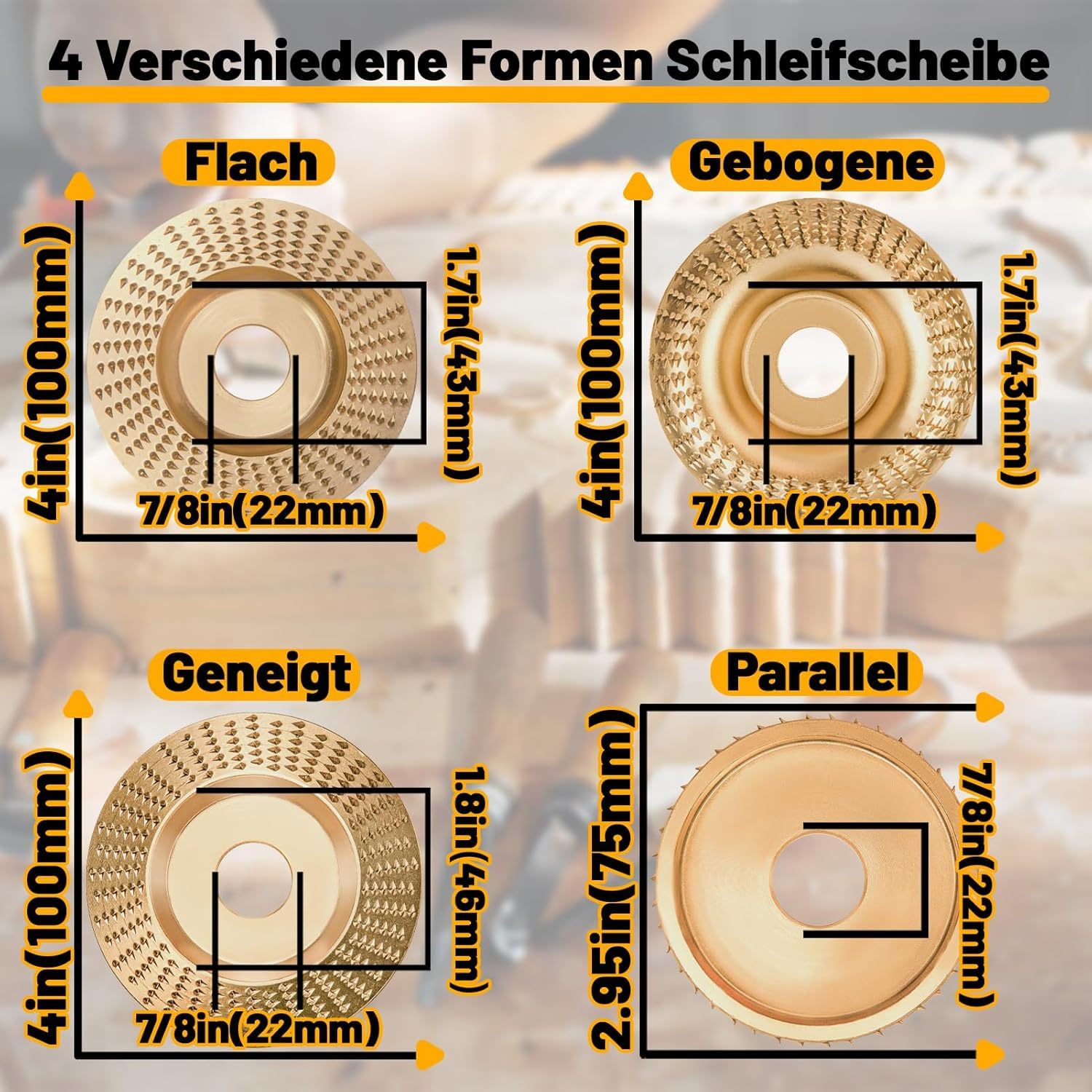 Lot de 4 disques de fraisage pour meuleuse d'angle bois 115/125 mm avec 7/8" (22 mm) pour meuleuse d'angle, disque abrasif pour bois, pour façonner, meuler et couper (doré)