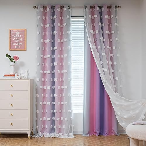 MYSKY HOME Cortinas rosas de 95 pulgadas, cortinas moradas para dormitorio de niños pequeños, cortinas opacas de doble capa con pompones blancos