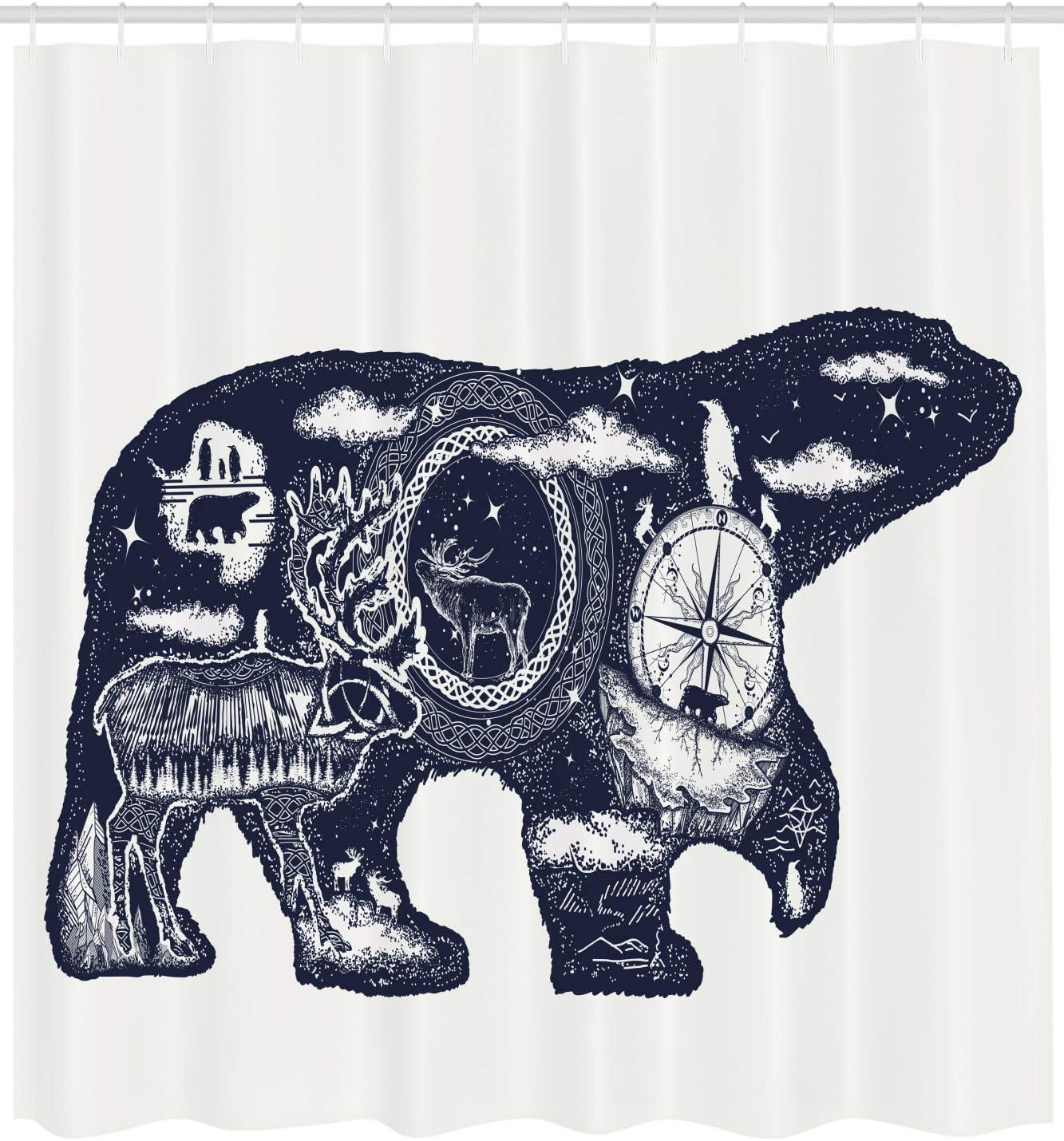 Ambesonne Cabin Shower Curtain, Cosmic Fantasy Polar Bear Tattoo Art Style Boho Northern Nature Compass, Cloth Fabric Bathroom Decor Set with Hooks, 69" W x 75" L, Indigo Blue