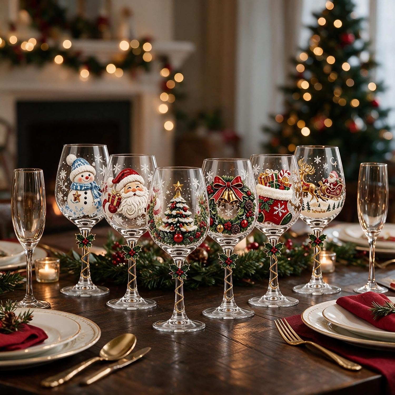 Christmas Wine Glasses Set Of 6, 7.1oz Holiday Stemmed Wine Goblets With Santa Snowman Christmas Tree And Reindeer Designs, Festive Glassware For Christmas Party Dinner Table Decor And Holiday Gift