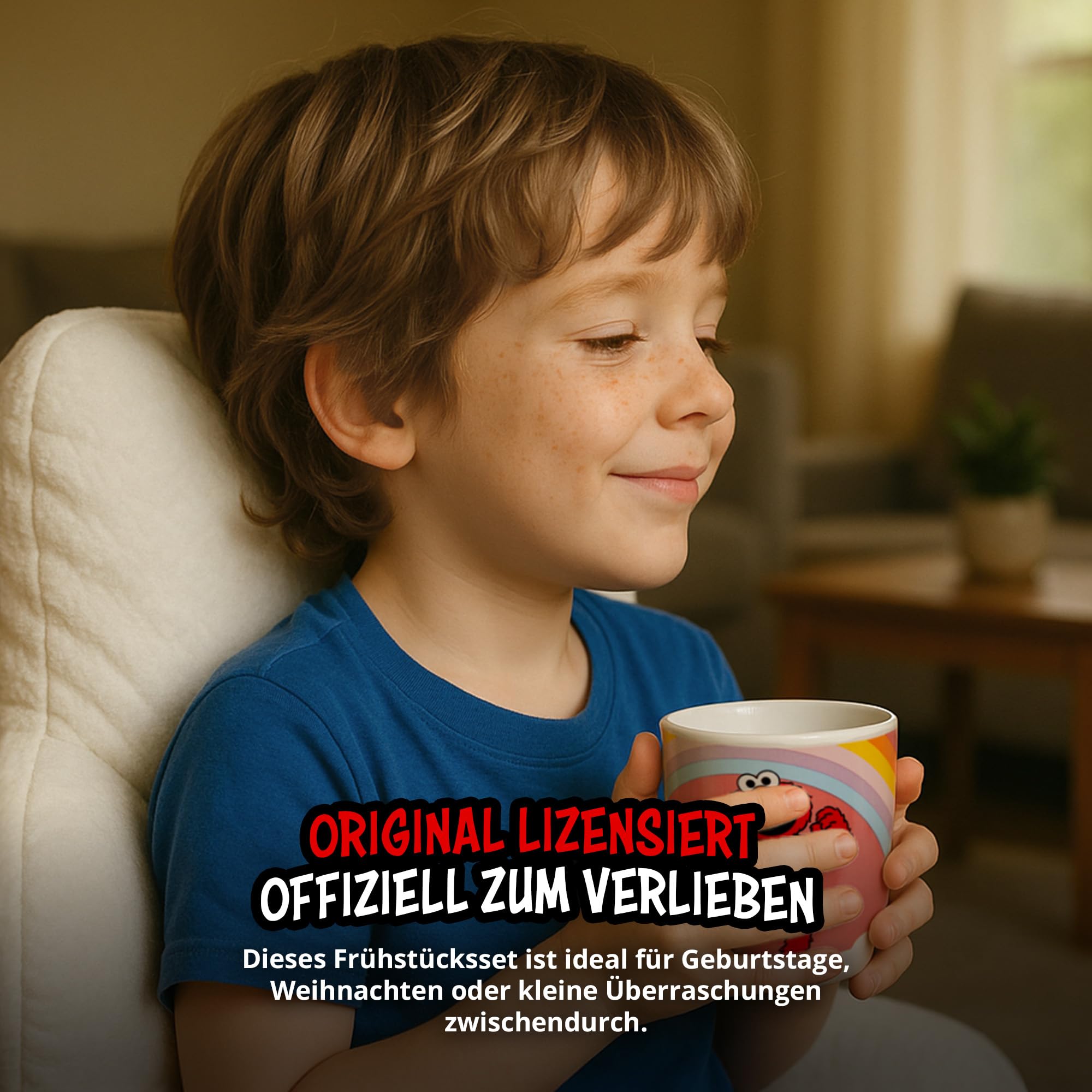 United Labels Elmo Frühstücksset Kinder, mit Elmo, Geschirr Set Porzellan, 3-teilig mit Teller, Schale und Tasse, spülmaschinenfest und mikrowellengeeignet