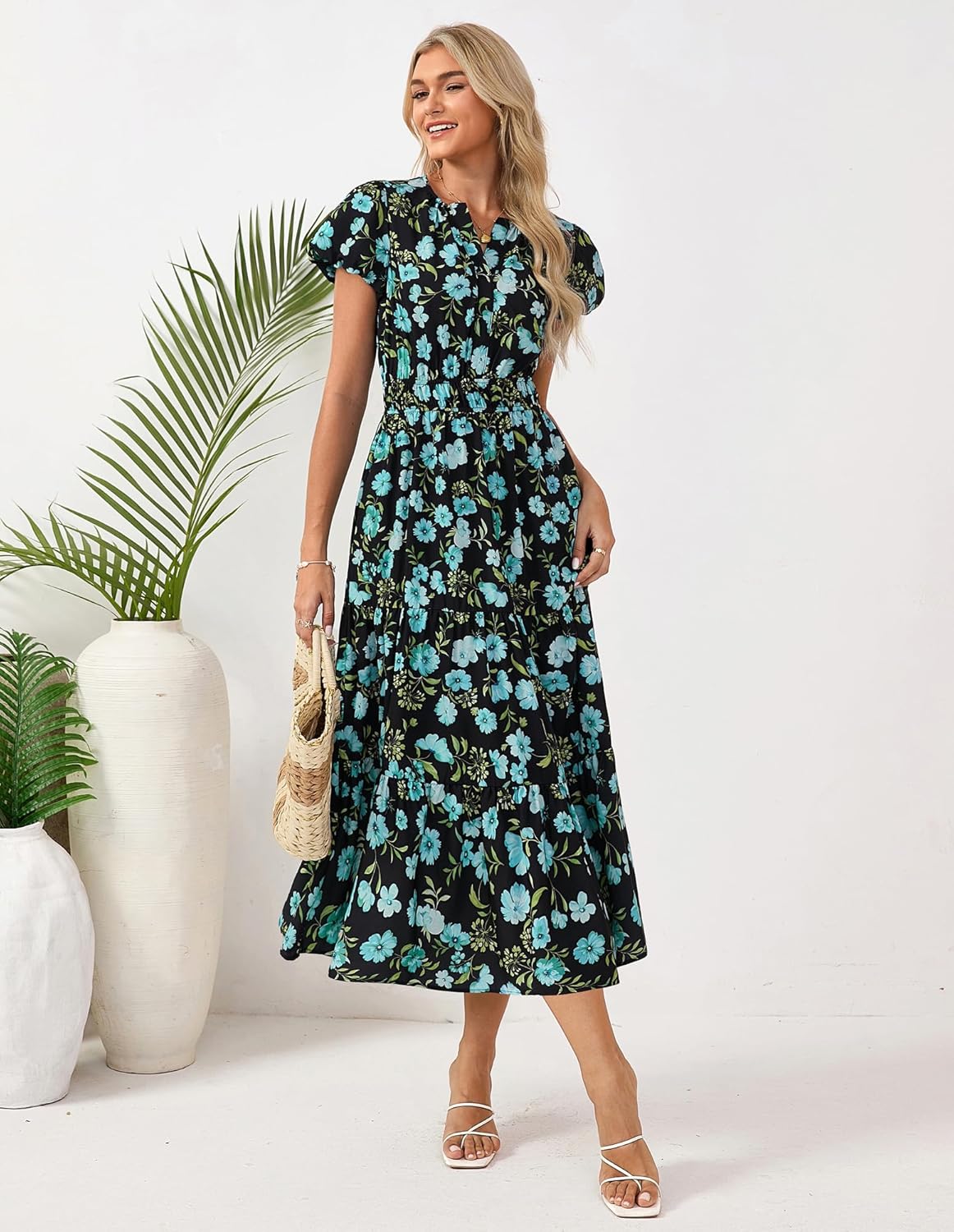 GRACE KARIN Womens Summer Maxi Dresses 2026 Floral Puff Short Sleeve V Neck Dresses Casual Wedding Guest Clothes with Pockets - Image 2