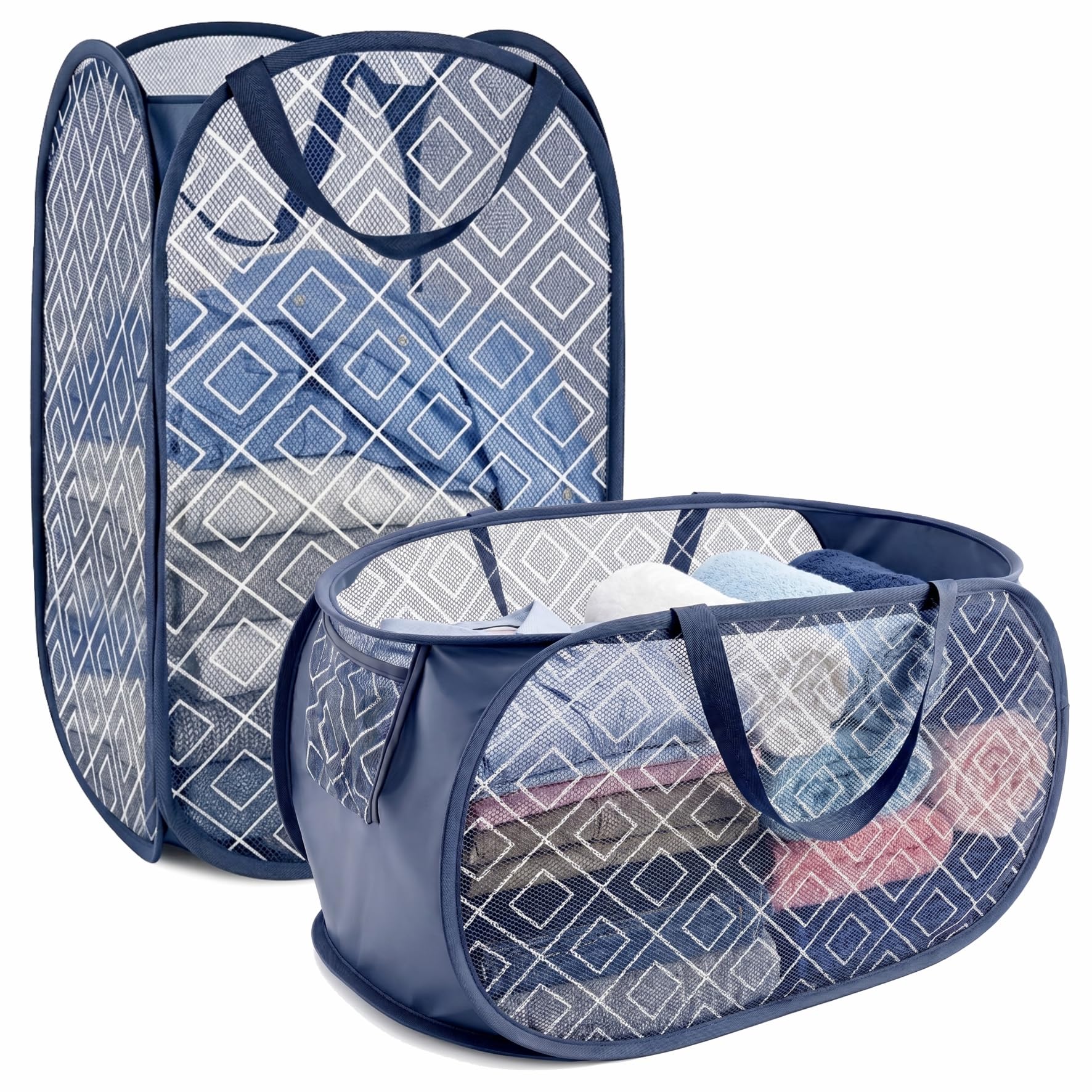 BOSNONA Pop Up Laundry Baskets Set 2 Pack 75L Foldable Laundry Basket Collapsible Laundry Baskets for Bedroom Dorm Travel (Navy Check(Horizontal & Vertical))