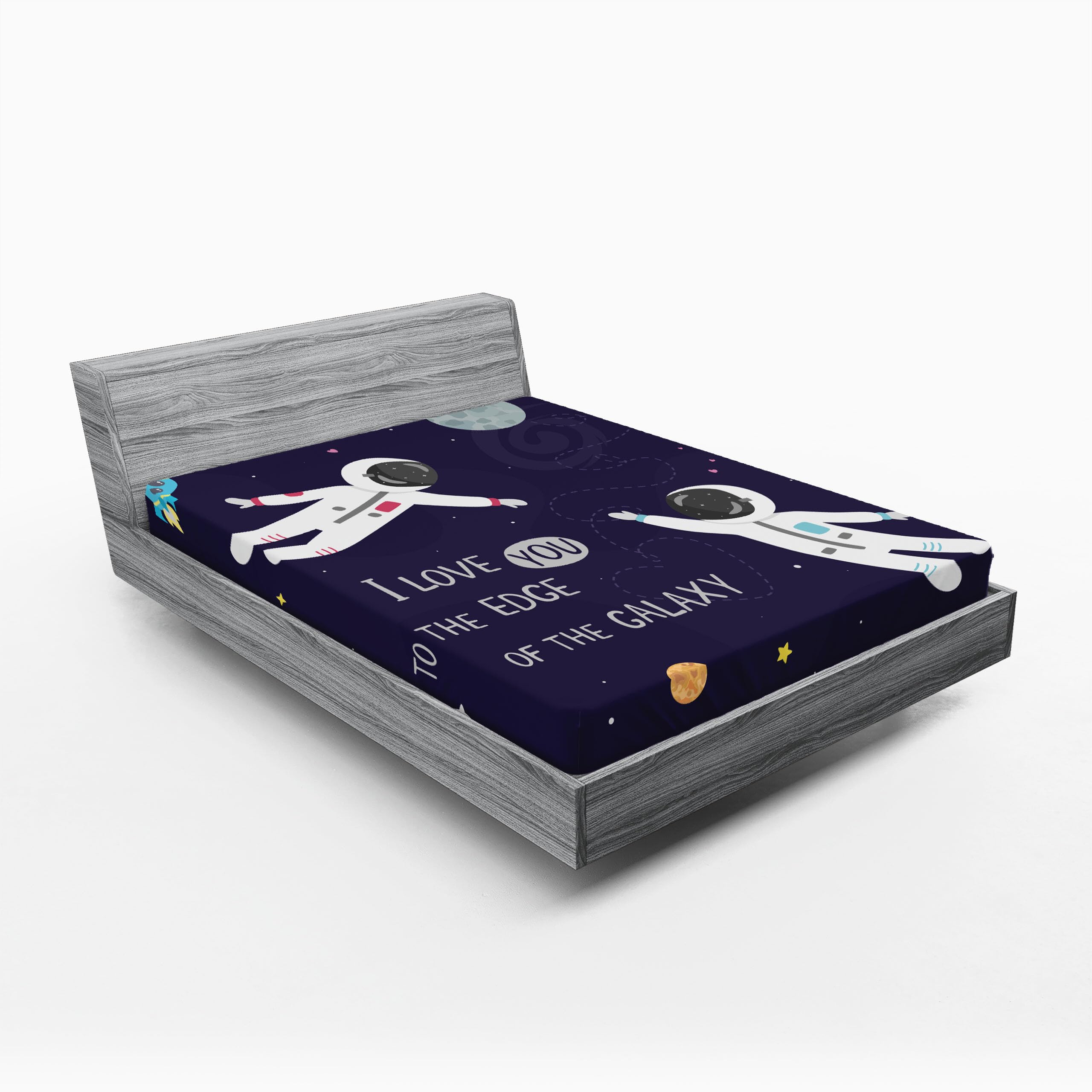 Ambesonne Universe 2 Pack Fitted Sheet, Love Wording Astronauts, Bed Cover All-Round Elastic Deep Pockets 2 Pieces, Package Contains 2 Full Size Fitted Sheets, Dark Purple Multicolor