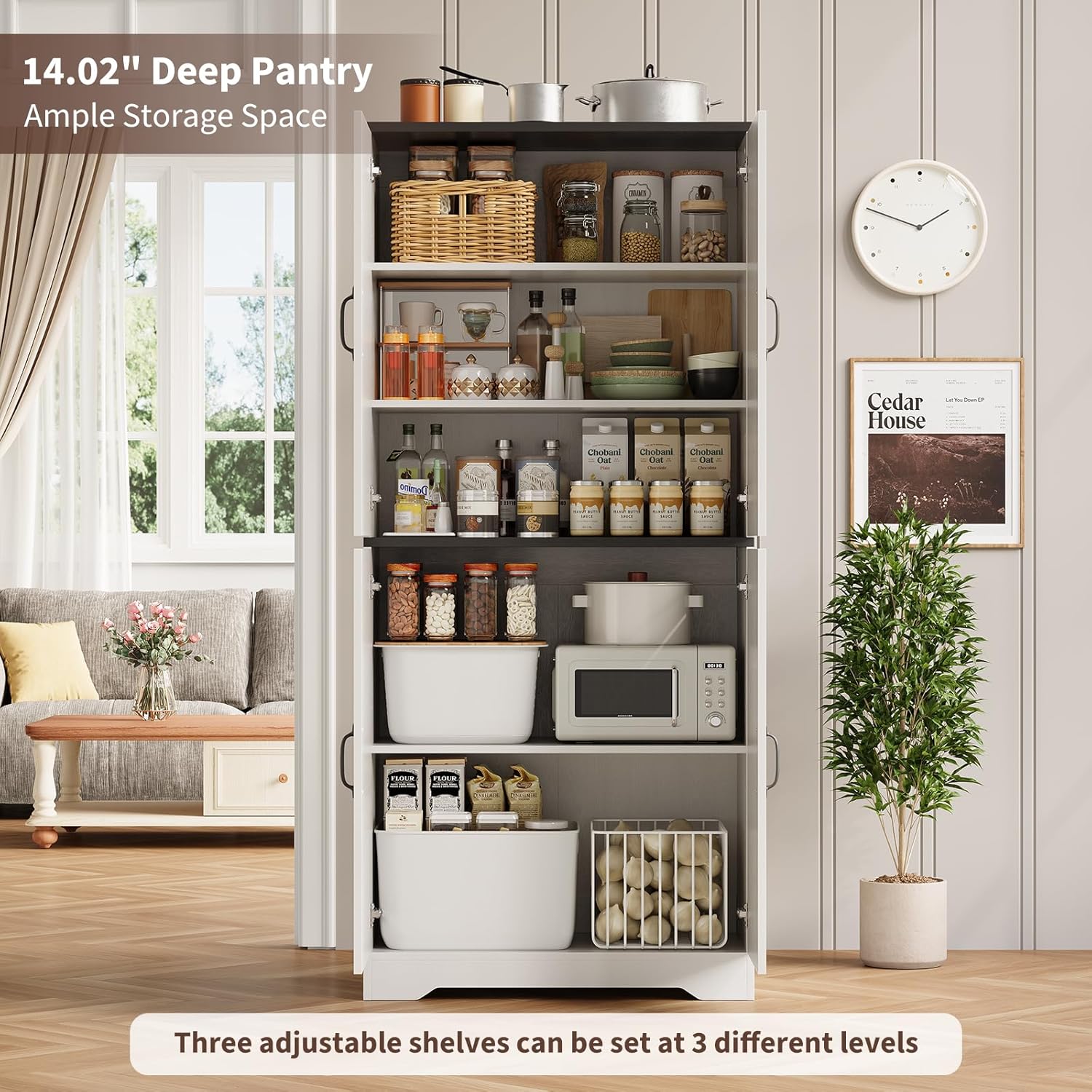 IDEALHOUSE 70" Kitchen Pantry Storage Cabinet, Farmhouse Kitchen Cabinet with 4 Doors & 3 Adjustable Shelves, Freestanding Cupboard for Dining Room,Living Room,White