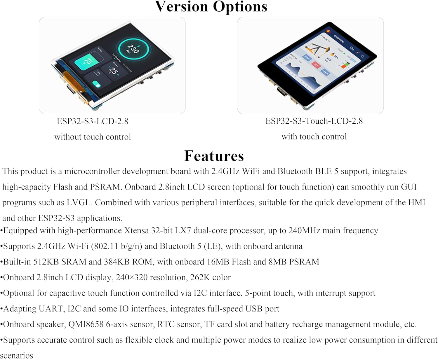 ESP32-S3 2.8inch Display Development Board, Onboard 2.8inch IPS LCD240×320 Resolution, 32-bit LX7 Dual-Core Processor, Up to 240MHz Frequency, Supports WiFi & Bluetooth, with Onboard Antenna