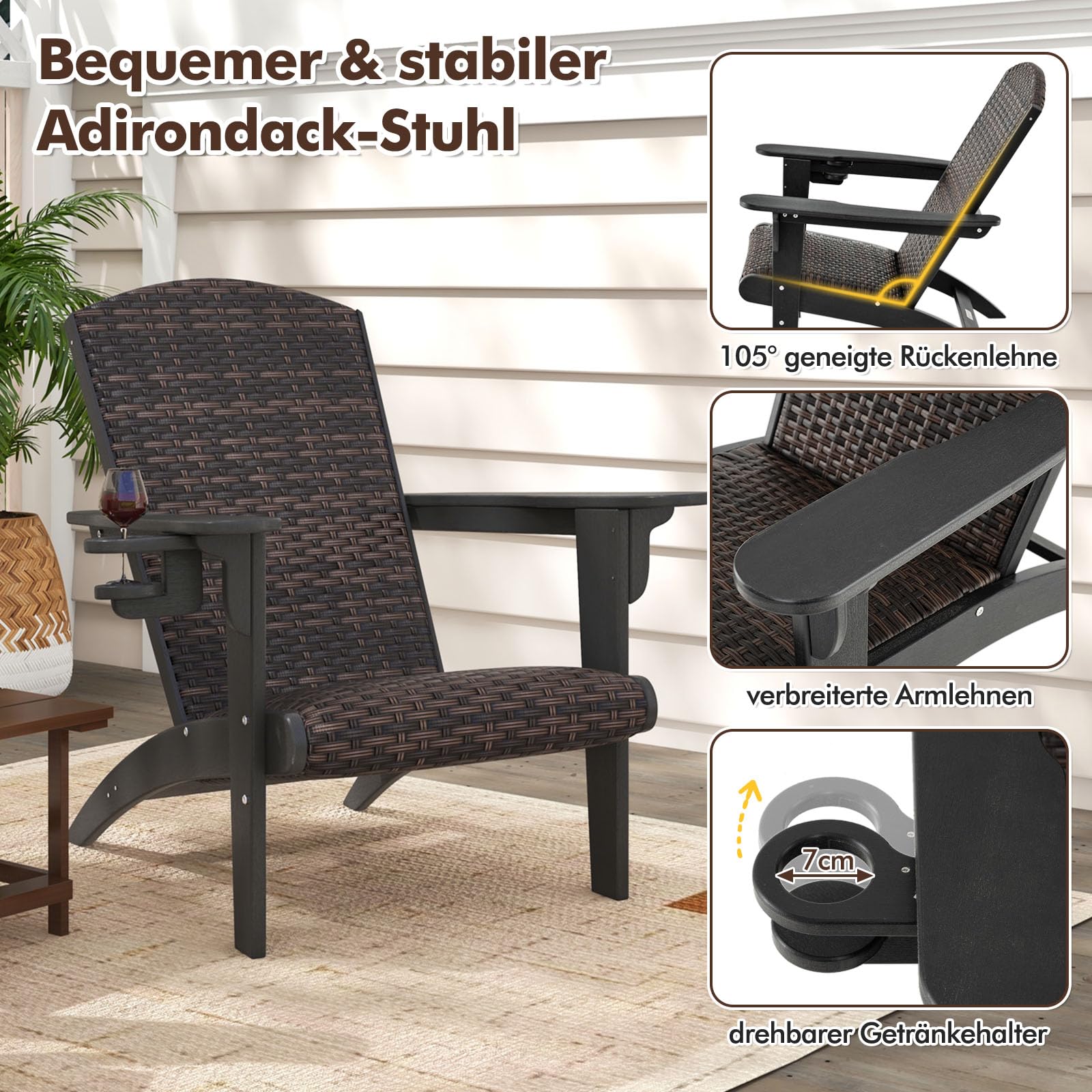 COSTWAY Adirondack Stuhl mit Getränkehalter, Adirondack Chair aus HDPE und Rattan, Gartensessel mit gepolstertem Sitz und Rückenlehne, für Garten, Terrasse (Schwarz + Braun gemischt)