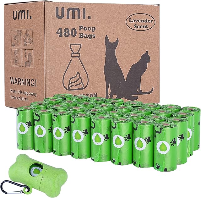 Amazon Brand  Umi Dog Poo Bags, 32 Rolls, 480-counts, 32 x 23cm Dog Poop Bags with Dispenser, Biodegradable and Compostable, Lavender-Scented, Extra Thick, Leak Proof, Pet Waste Bag for Dogs and Cats
