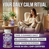 Vista 4 de Gomitas de glicinato de magnesio de 600 mg, 60 unidades de gomitas de magnesio sin azúcar masticables para mujeres y hombres, para apoyo al sueño