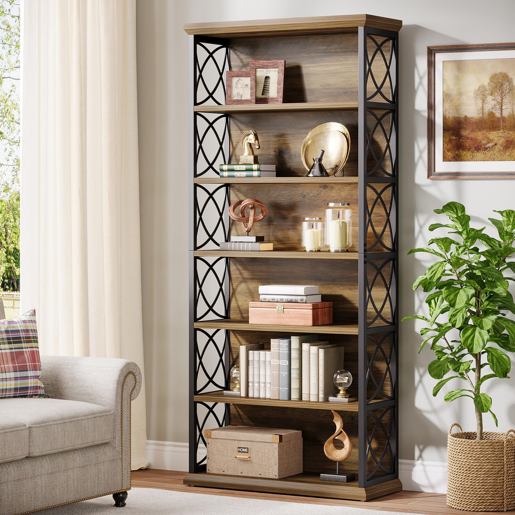 Tribesigns 185cm Tall Bookshelf, 6-Tier Industrial Narrow Bookcase with Open Storage Shelves and Metal Frame, Freestanding Shelving Unit for Living Room, Office, Bedroom, Brown & Black