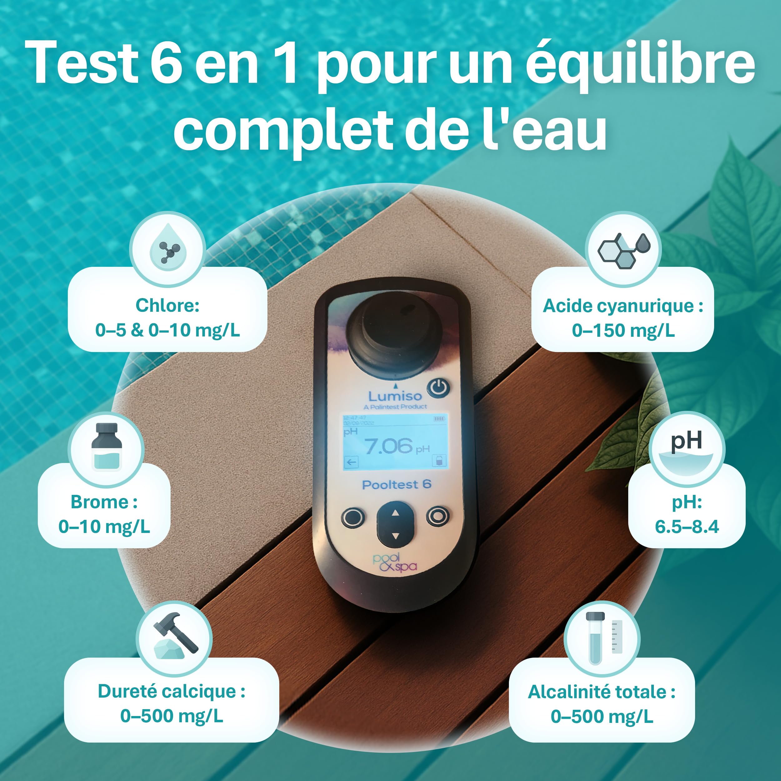 Palintest Lumiso Pooltest 6 - Testeur d'Eau Photométrique Numérique - pH-mètre et Kit de Test de Chlore pour Piscines, Jacuzzis, Spas et Eau Potable - Mesure l'Alcalinité, le Brome, l'Acide Cyanurique