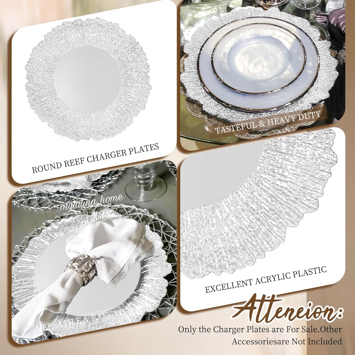 Showgeous 50 Pack Silver Charger Plates 13'' Reef Plate Chargers for Dinner Plates Round Plastic Plate Chargers for Wedding Dinner Parties Table Serving Home Decoration