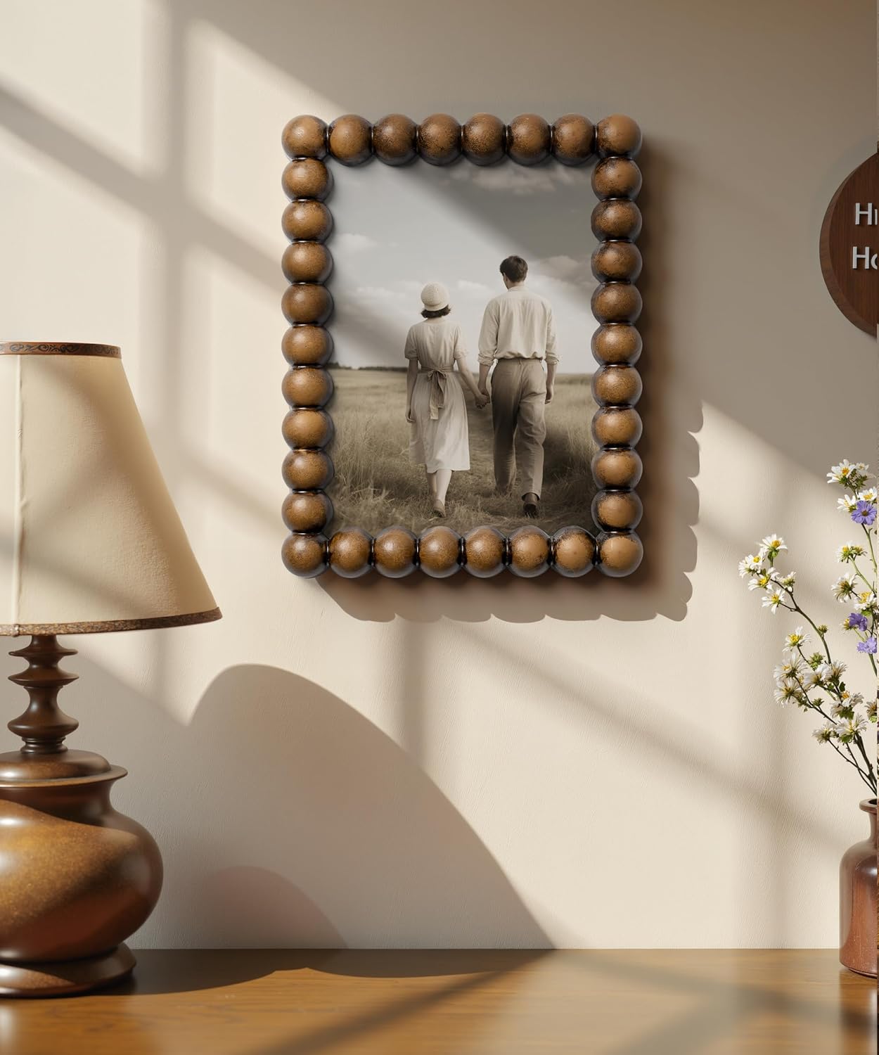 Afuly 5x7 Picture Frame Vintage Wood Beaded Rustic Dark Brown Home Decor Photo Display Antique Retro Desk Standing Wall Hanging Unique Handmade Birthday Gifts for Couple Friends Family