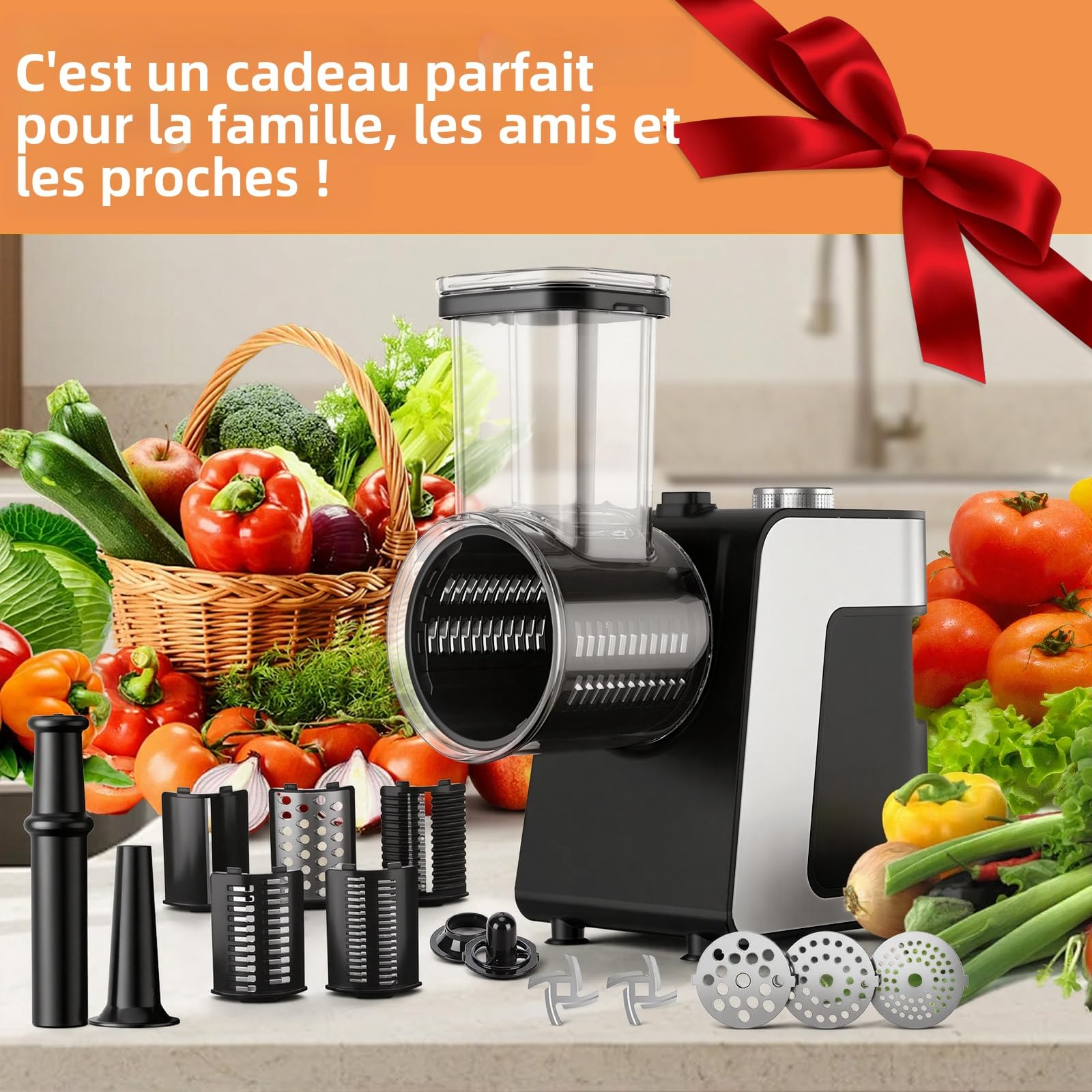 FITNATE Hachoir à Viande Électrique, Robot Multifonction avec Tube à Saucisses, Râpe à Fromage & Coupe-Légumes, 3 Grilles de Hachage Fin/Moyen/Grossier Incluses