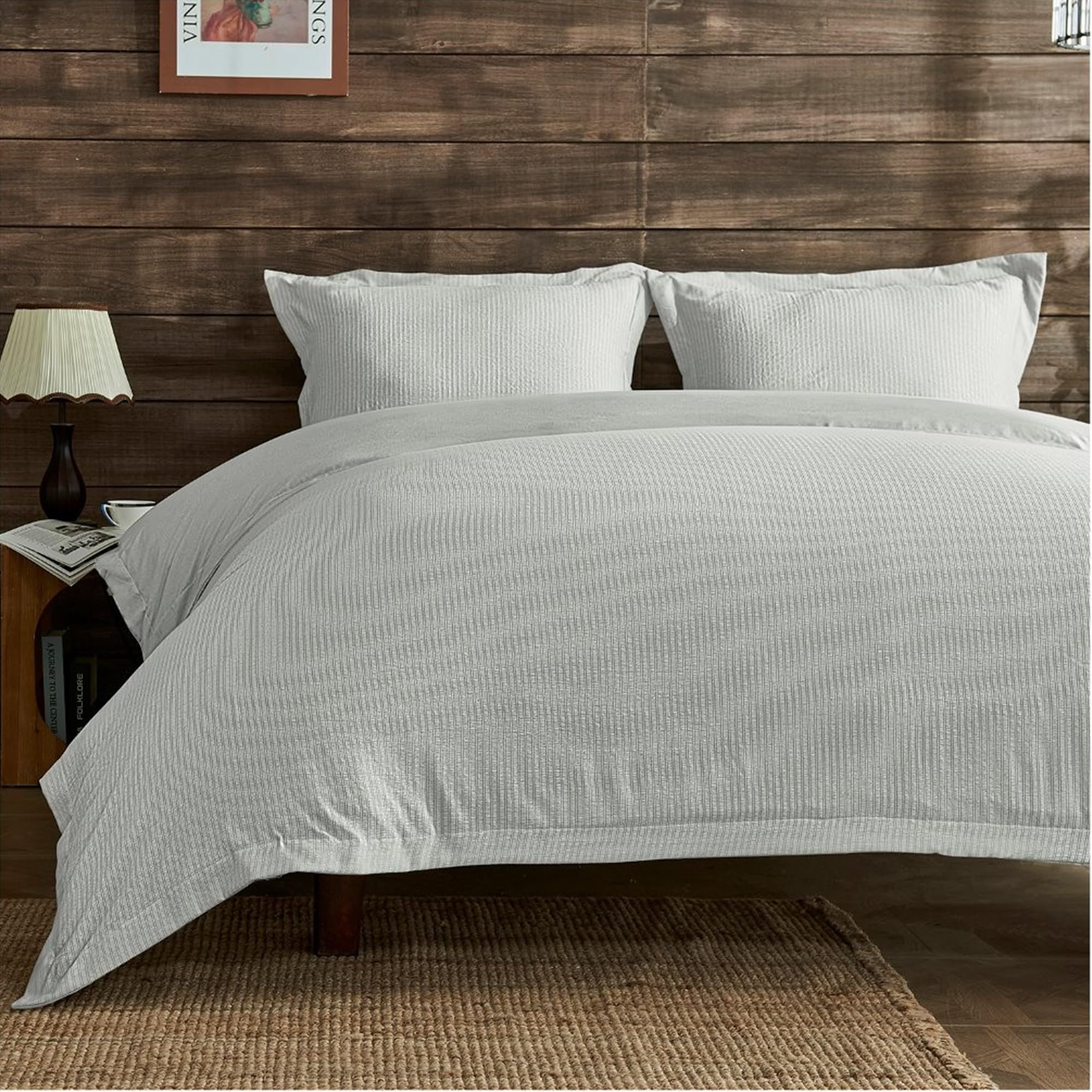 Lions Light Grey King Size Bedding Set - Seersucker Duvet Cover Set With Matching Pillowcase, Soft 100% Polyester Microfibre Quilt Covers, 3 Piece Bed Sets, 230X220cm
