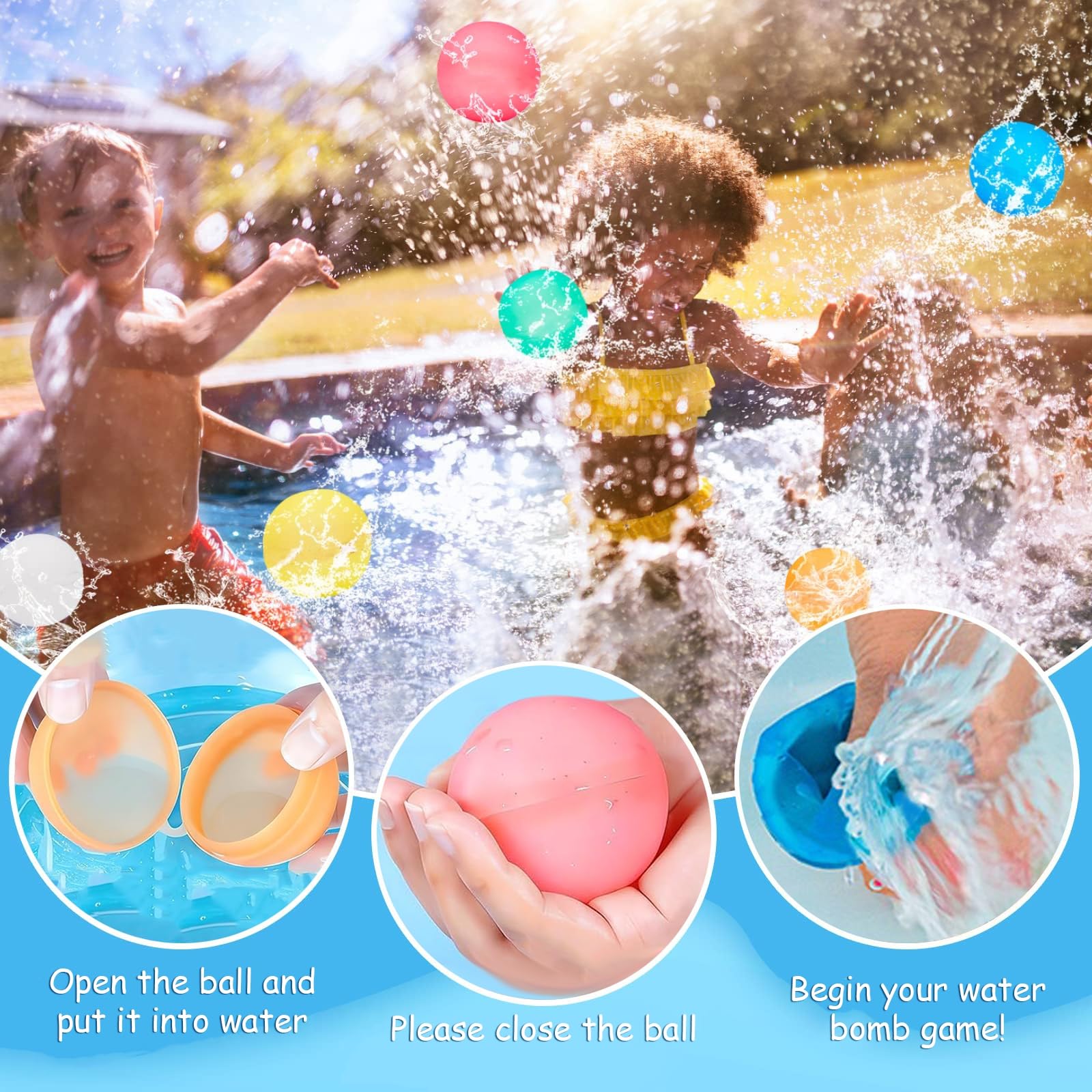 Wasserbomben Wiederverwendbar, Reusable Wasserballons mit Netzbeutel, Selbstdichtende Silikon Wasserbombe, Sommerspaß-Wasserspielzeug Pool Spielzeug für Party, Wasserpark, Familienspiel(12 Stück)