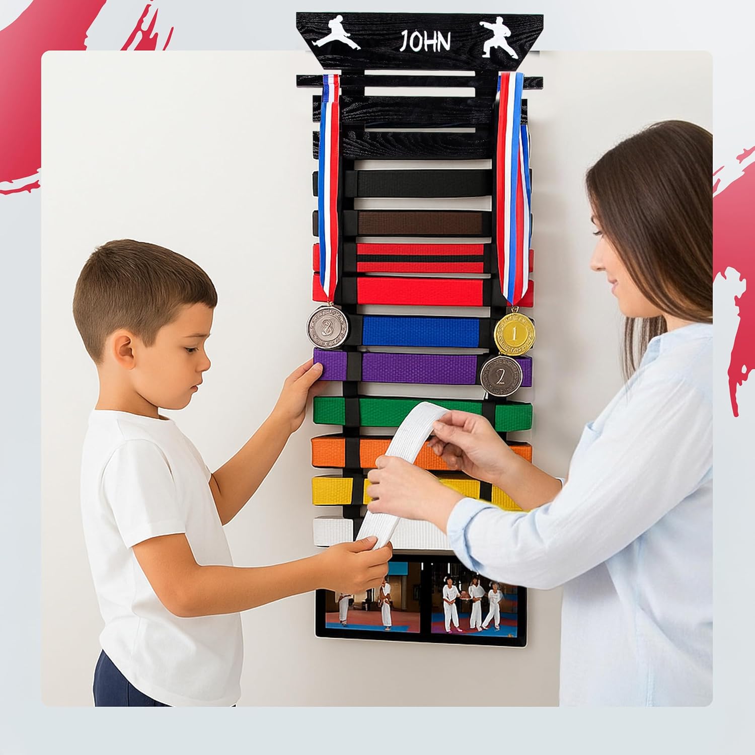 Karate Belt Display Rack - Taekwondo Belt Display with Customization Stickers, 2 Picture Frames, Self-Adhesive Adjustable Strips & Hanging Kit Taekwondo Gifts
