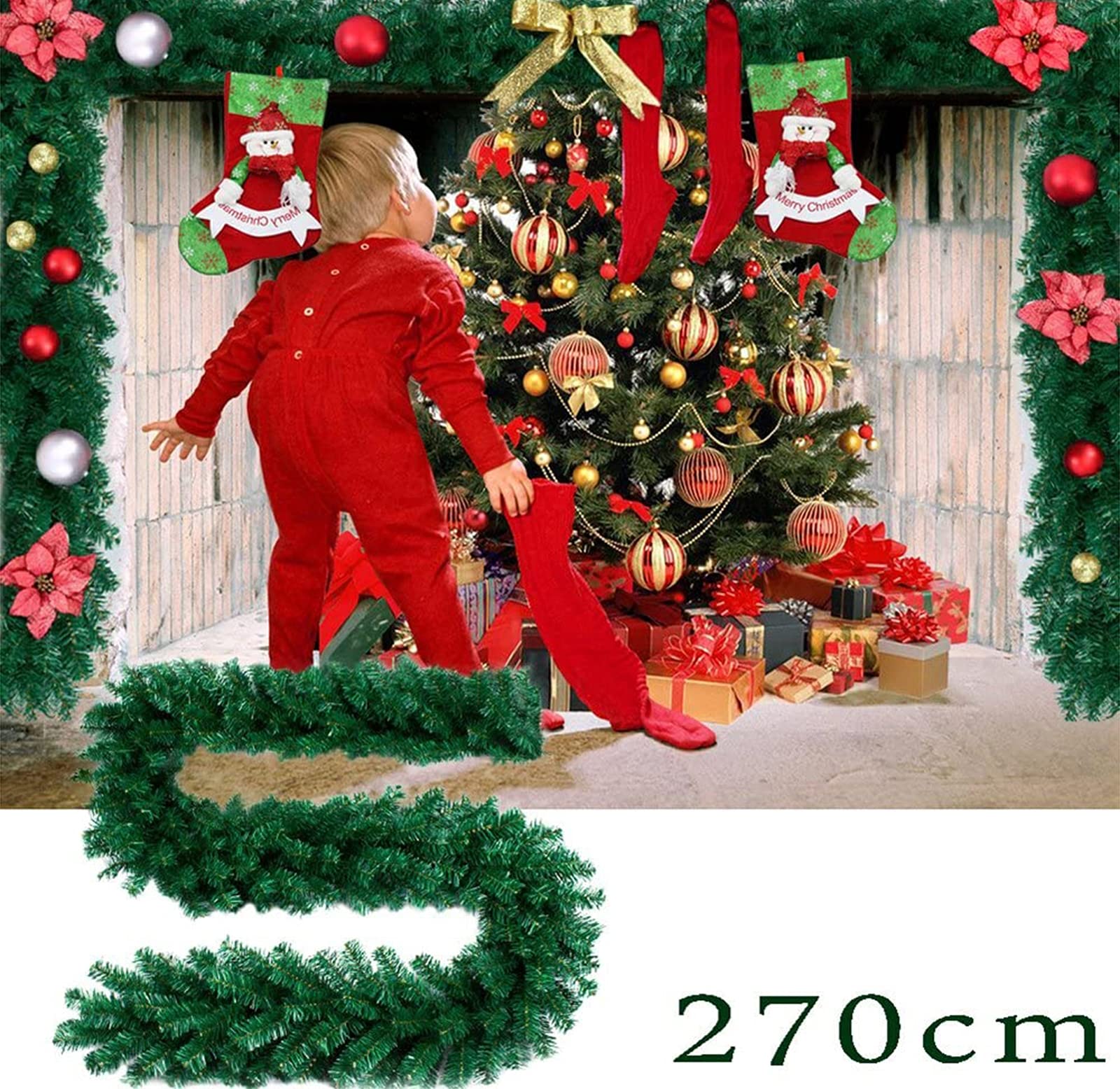 Guirnalda de Navidad artificial, adorno colgante de ratán de pino para decoración de fiesta en casa, 2,7 m, 200 cabezas para festividades navideñas