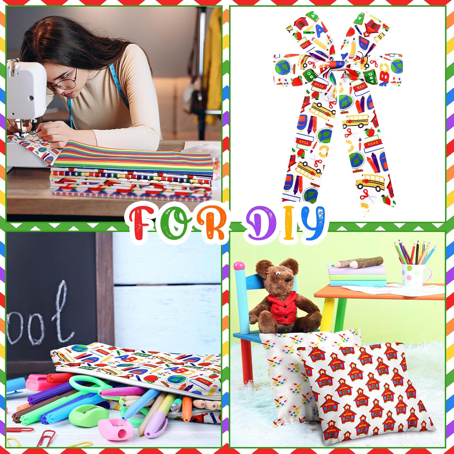 Mindsoft 10 Pcs 20''x 20'' Back to School Quilting Fabric Square Bundle Multi Color Precuts Quilted Fabric Strips Crayon Pencil Apple Truck Book Printed Patchwork Supply for Handmade DIY Sewing Craft