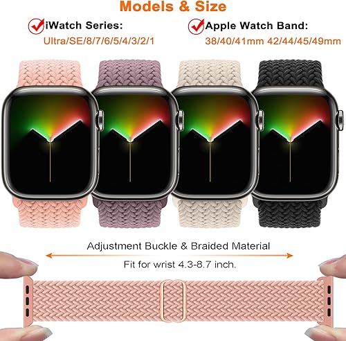 Miniatura 3 de Paquete de 4 correas trenzadas Solo Loop compatibles con Apple Watch de 1.614, 1.575, 1.496 pulgadas, para mujeres y hombres, correas elásticas