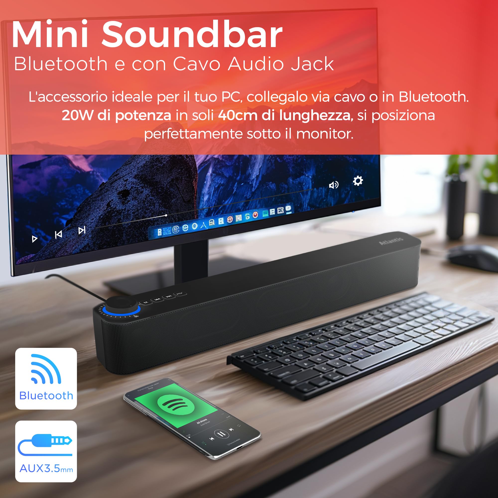 ATLANTIS Soundbar PC 20 W, głośnik PC, Jack 3.5 mm + Bluetooth 5.3 do smartfona, FireTV, gramofonu, odtwarzacza Batt. 2400 mhA, radia FM, głośnika PC, laptopa, telewizora, smartfona Dim 420 x 60 x 74
