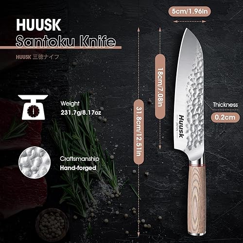 Vista 2 de Huusk Cuchillo japonés Santoku de chef de 7 pulgadas, cuchillo profesional de cocina de acero de alto carbono, cuchillos Santoku japoneses