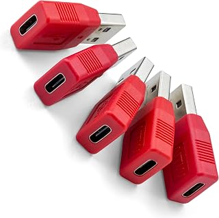 NTW USB-A to USB-C Data Blocker USB Charger/Secure Charging USB Adapter USB Condom for Blocking Data Sync/Protect Against Juice Jacking/Charge Only Adapter -NUSBC-KDL5-RD (5PK)