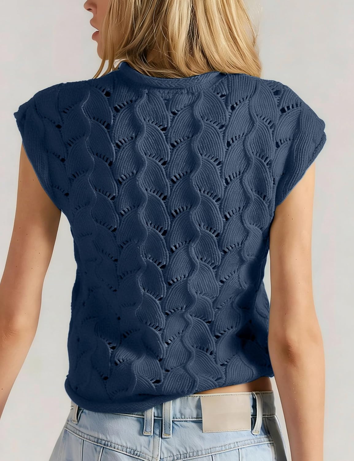 Women Casual Crochet Knit Tank Tops Cap Sleeve Mock Neck Vest Summer Cropped Blouse