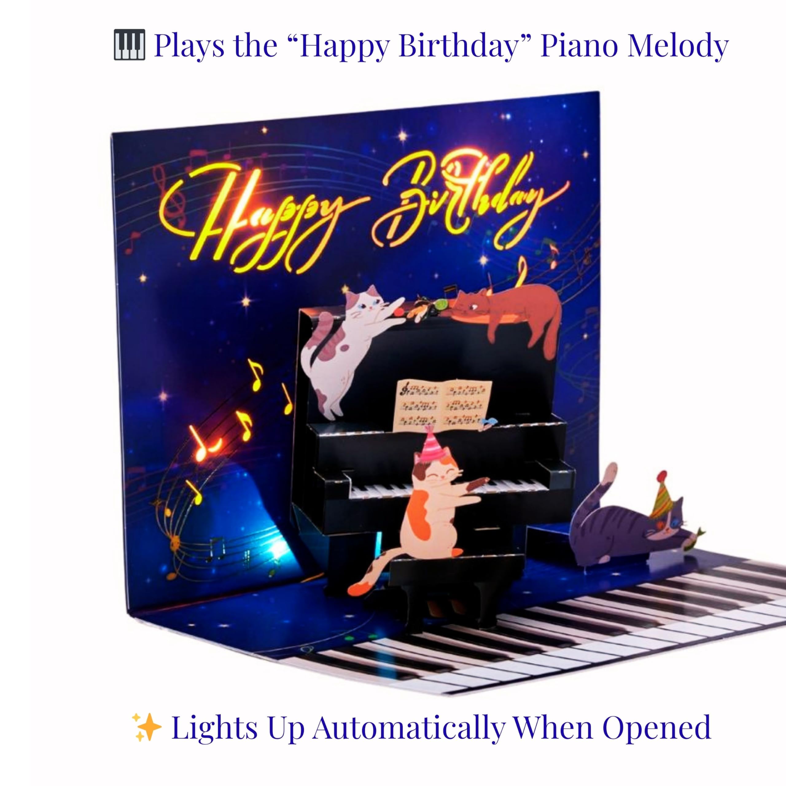 Biglietto di auguri pop up con luci a LED, con gatto 3D che suona il pianoforte, biglietto di auguri musicale con busta, regalo di compleanno per amanti dei gatti, musicisti, bambini, donne